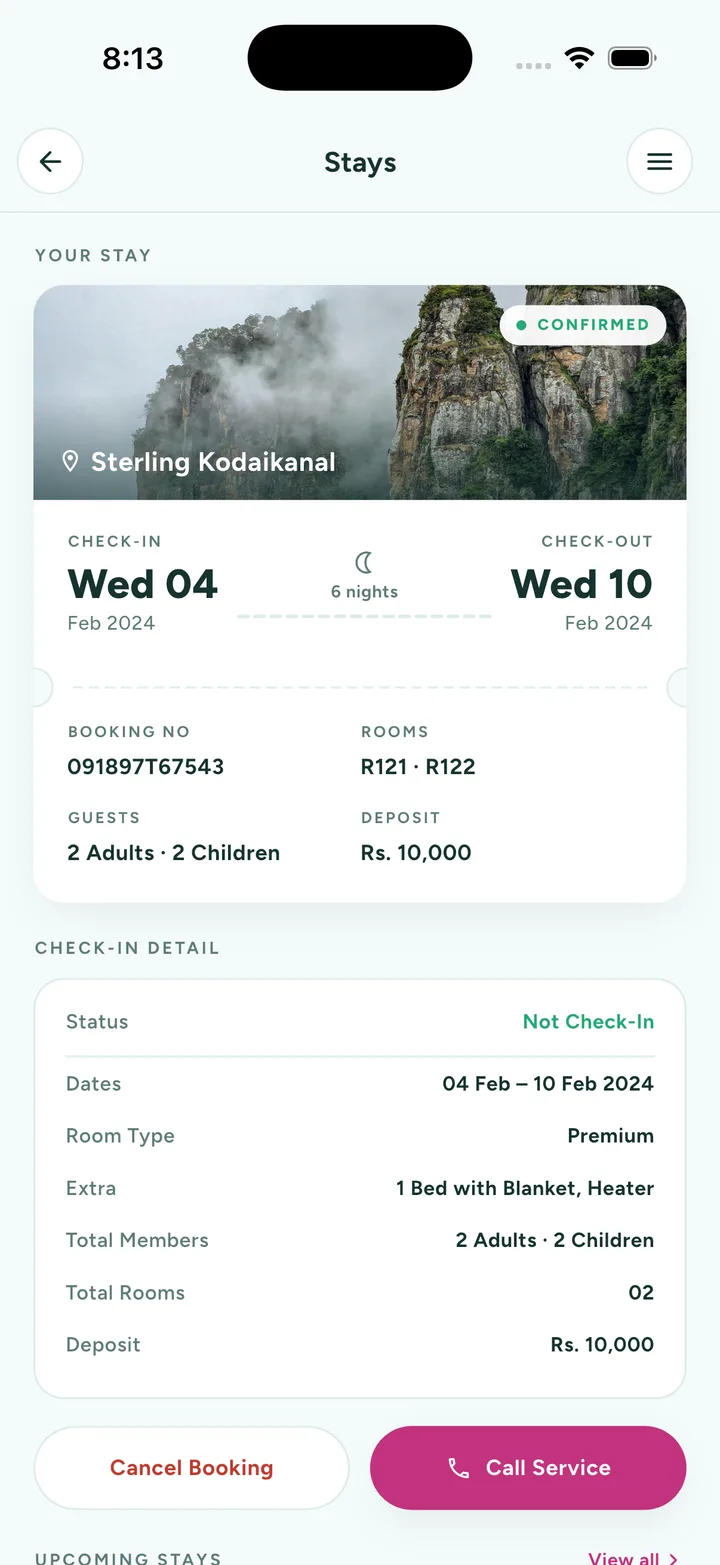 The stay detail: the property over a cliff photograph with a confirmed chip, check-in and check-out dates with the night count between them, the booking reference, room numbers, party and deposit, a check-in detail table, and cancel and call-service buttons.