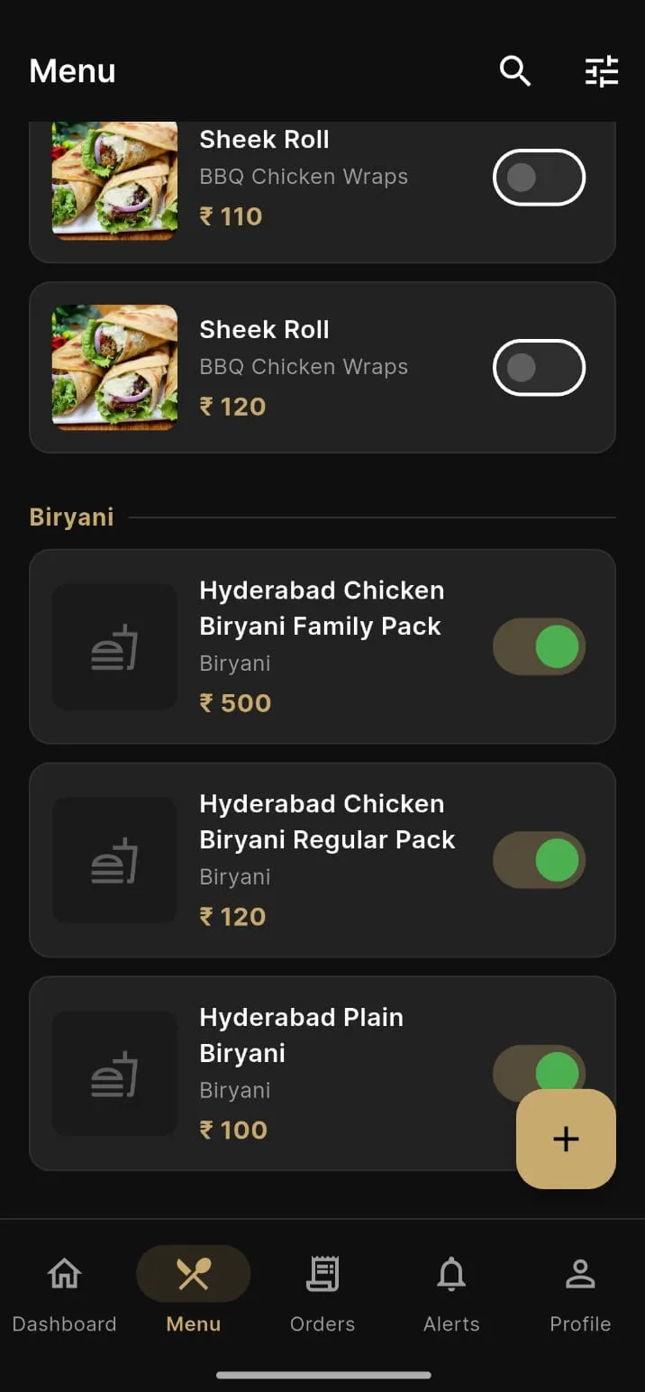 The Android menu list, each dish carrying its category, its price and an availability toggle.