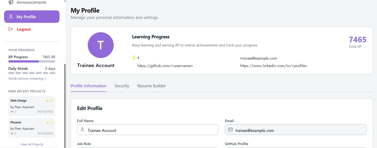 A trainee profile with XP progress, a daily streak, achievement count, and GitHub, LinkedIn and résumé builder links.
